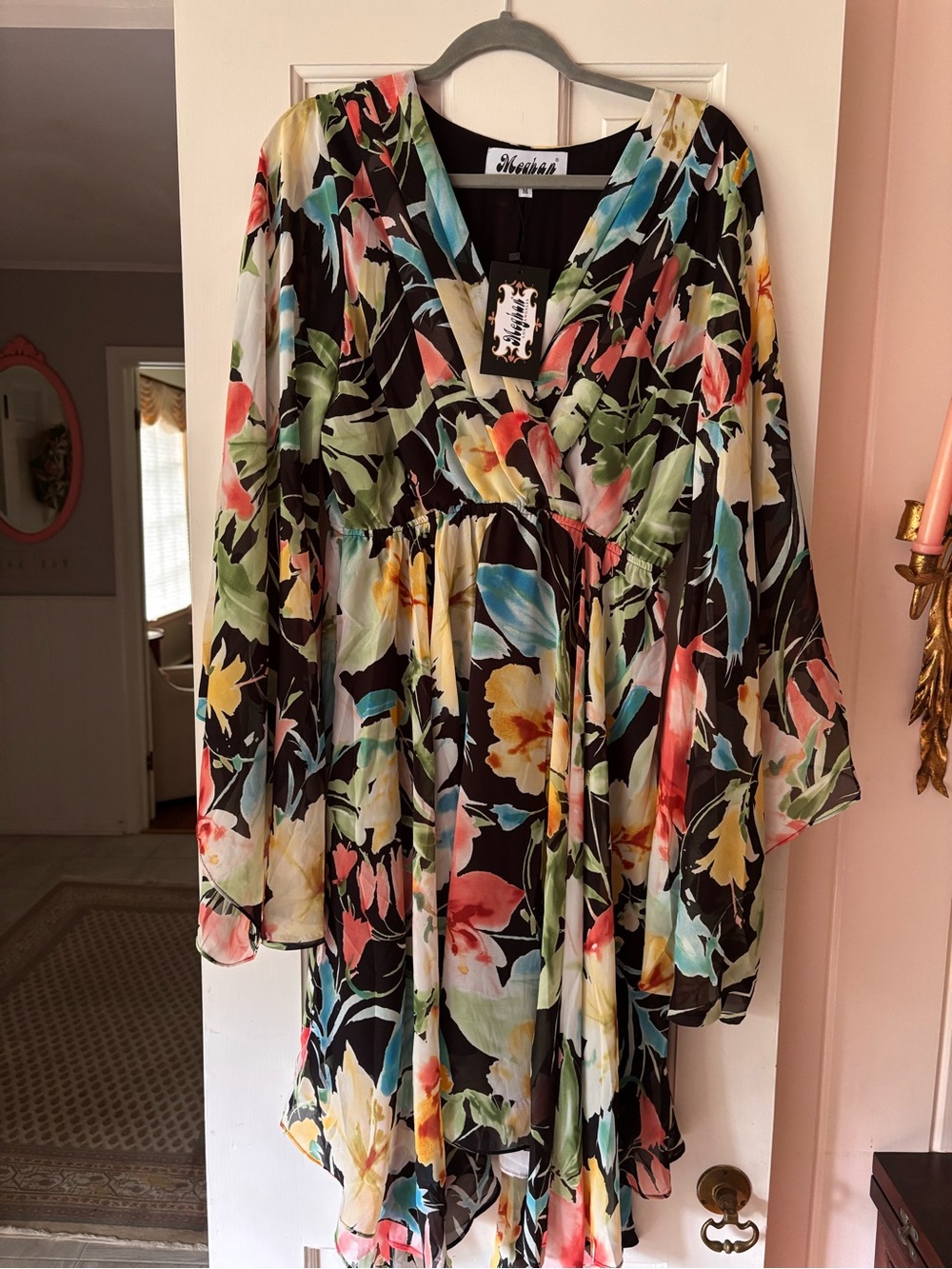 Meghan LA Black Floral V-Neck Dress with Blue, Green and Coral Accents